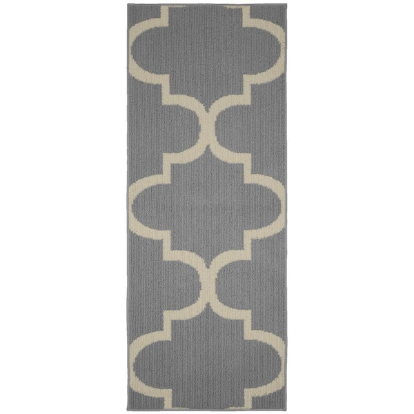 Garland Rug Large Quatrefoil Silver/Ivory 2 ft. x 5 ft. Runner Rug