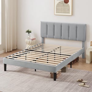 Upholstered Bed Frame Light Gray Metal Frame Full Platform Bed with Adjustable Headboard No Box Spring Needed