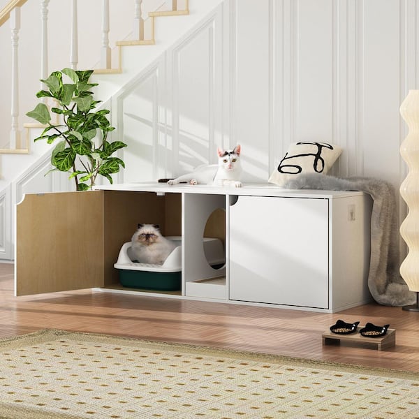 FUFU&GAGA Cat Litter Box Enclosure for 2 Cats, Wood Stackable Cat Washroom Storage Bench End Table Furniture, Log with White