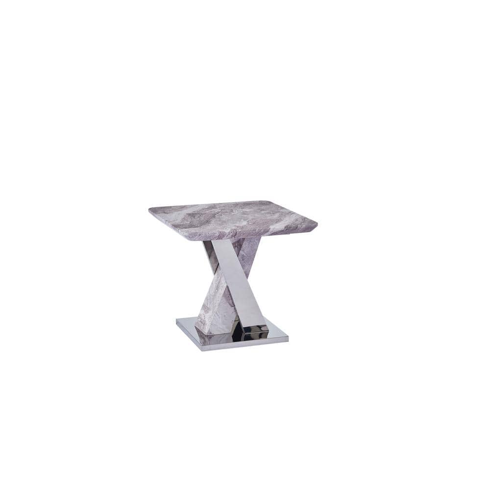 White Faux Marble End Table with Silver Metal Base