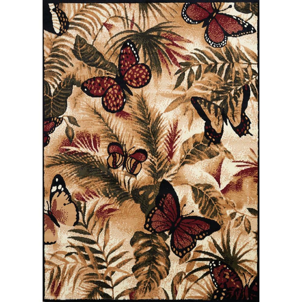 Multicolor Butterfly Jungle Polypropylene Area Rug 5' x 8'