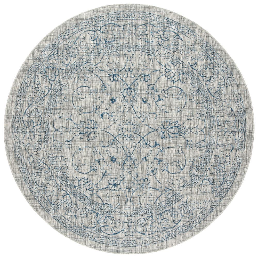 SAFAVIEH Courtyard Gray/Navy 8 ft. x 8 ft. Border Floral Scroll Indoor ...