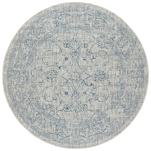 Courtyard Gray/Navy 8 ft. x 8 ft. Border Floral Scroll Indoor/Outdoor Patio  Round Area Rug