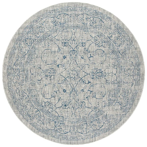 SAFAVIEH Courtyard Gray/Navy 8 ft. x 8 ft. Border Floral Scroll Indoor/Outdoor Patio  Round Area Rug