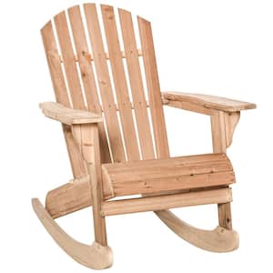 Teak Rocking Wood Adirondack Chair with Slatted Wooden Design, Fanned Back, and Classic Rustic Style