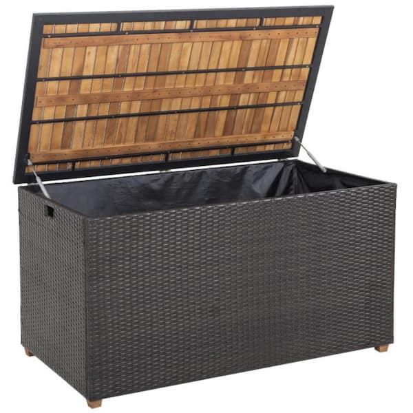 134 Gal. Rattan Storage Deck Box with Zippered Liner and Solid Acacia Wood Top