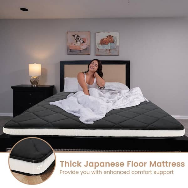 Japanese Floor Mattress 4 in. Polyester Fill Tatami Mat Sleeping Pad Foldable Roll Up Mattress (Black, Queen Size)