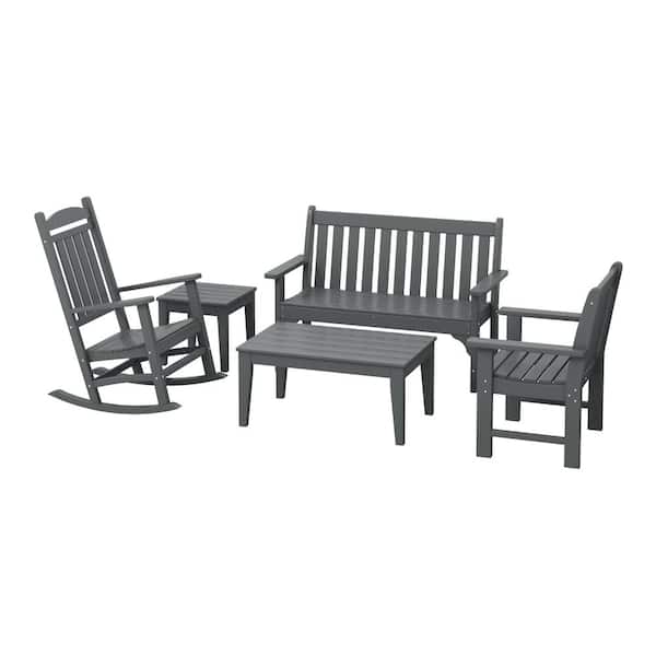 WESTIN OUTDOOR Laguna Outdoor Patio Plastic All Weather Fade Resistant 5-Piece Bench and Rocking Chair Conversation Set in Gray