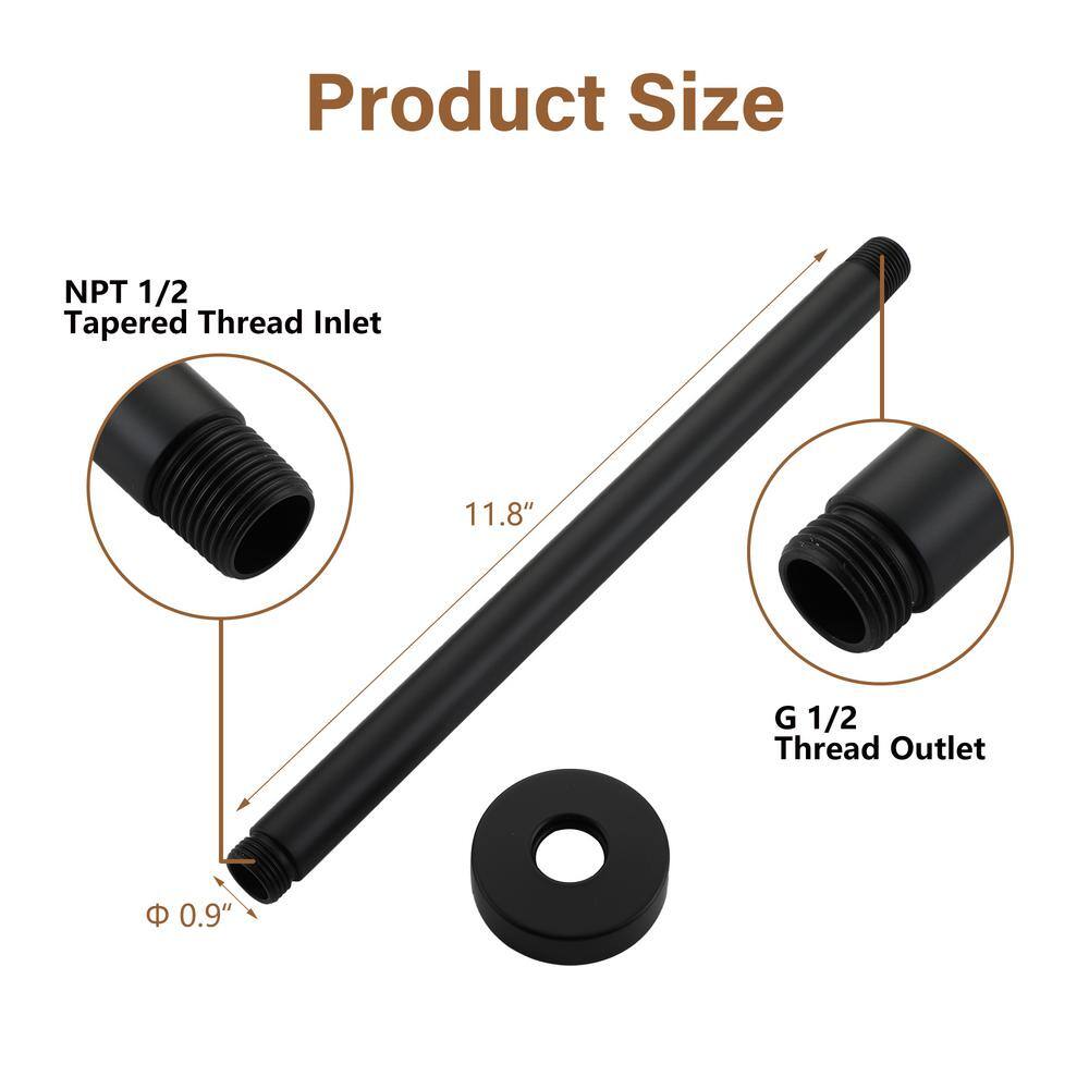 Matte Black 12-Inch Stainless Steel Ceiling Shower Arm