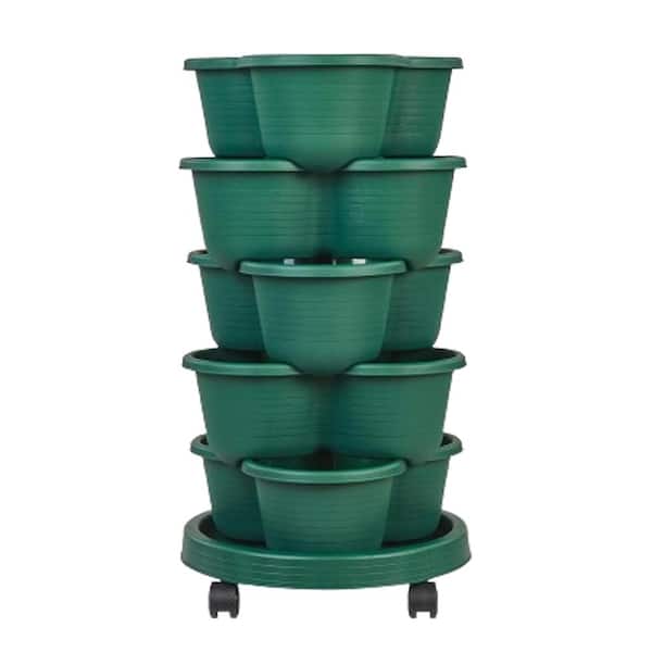 5 Tier Vertical Garden Planter,Self Watering Stackable Planters with Wheels,Dark Green