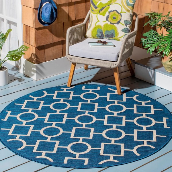 Courtyard Navy/Beige 5 ft. x 5 ft. Round Geometric Indoor/Outdoor Patio  Area Rug