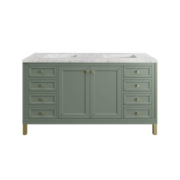James Martin Vanities Chicago 60.0 in. W x 23.5 in. D x 34 in. H Bathroom Vanity in Smokey Celadon with Eternal Jasmine Pearl Quartz Top