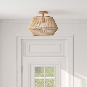 16 in. 1-Light Cream Small Semi-Flush Mount Ceiling Light with natural Simple Hand Weaved shade