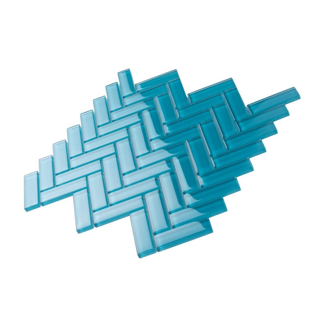 Sea Blue Herringbone Polished Glass Mosaic Tile 11" x 12.6"