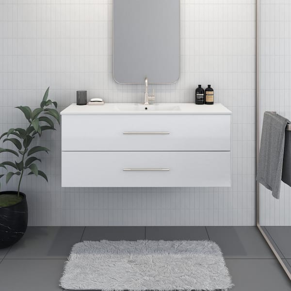 VOLPA USA AMERICAN CRAFTED VANITIES Napa 48 in. W x 18 in. D Single Sink Bathroom Vanity Wall Mounted In Glossy White with Ceramic Integrated Countertop