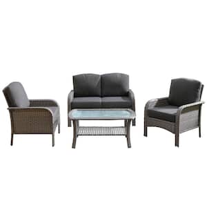 Venice Gray 4-Piece Wicker Modern Outdoor Patio Conversation Sofa Seating Set with Black Cushions
