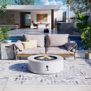 42 in. Outdoor Round Iron White Fire Pit Table with Propane Tank Holder