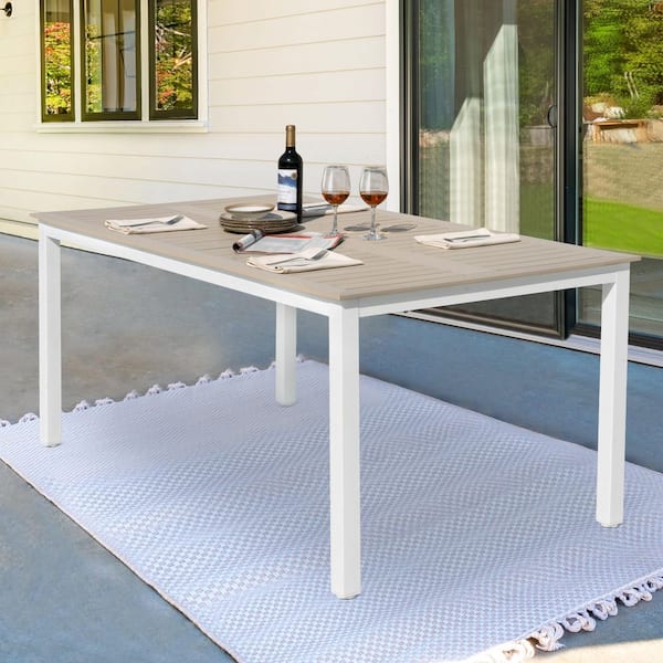 Light Brown Rectangle Faux Outdoor Dining Table with Umbrella Hole and Wood Texture Tabletop