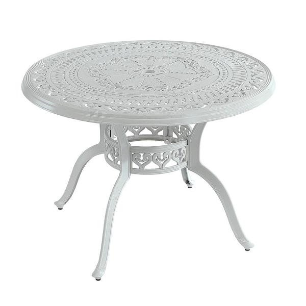 Round Cast Aluminum Outdoor Dining Table in white with Umbrella Hole, Durable and Waterproof