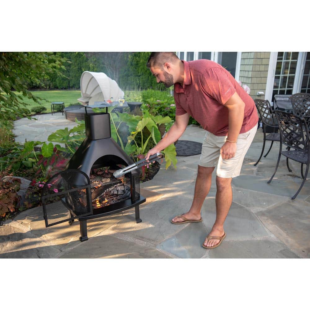 Black Steel Free-Standing Wood Burning Chimenea Fire Pit