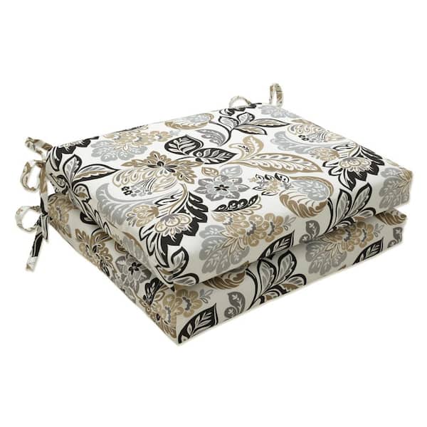 Pillow Perfect Floral 18.5 in. x 16 in. Outdoor Dining Chair Cushion in Black/Tan/Grey (Set of 2)