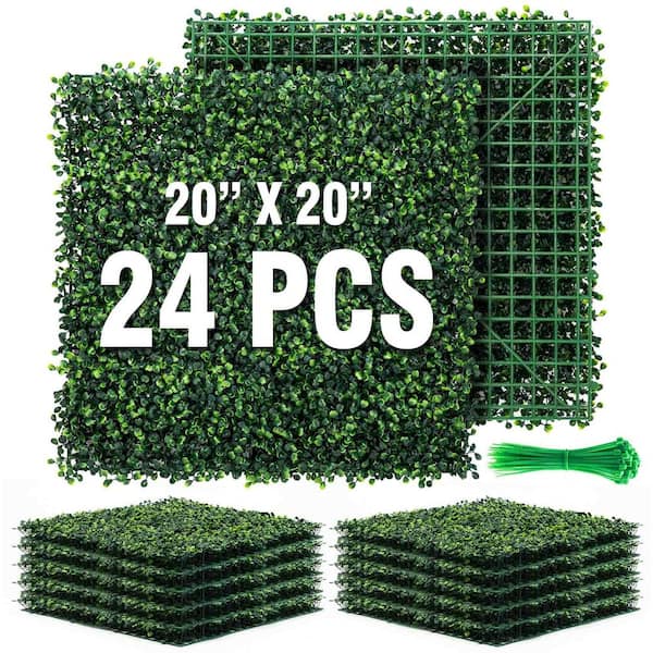 0.04 in. H x 20 in. W Green Artificial Boxwood Hedge Panel 24 Pack for Indoor Outdoor Privacy Garden Fence