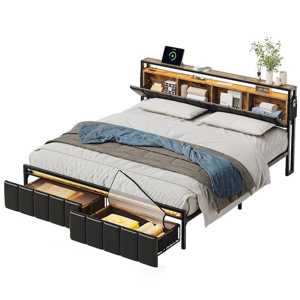 Brown Metal Frame King Size Platform Bed with Charge Station and Storage Headboard and Drawers Rustic