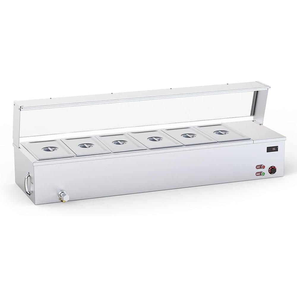 48 qt. Steam Table 6x8 qt. Electric Commercial Food Warmer 6-Pans w/Acrylic Shield Stainless Steel Bain Marie Countertop
