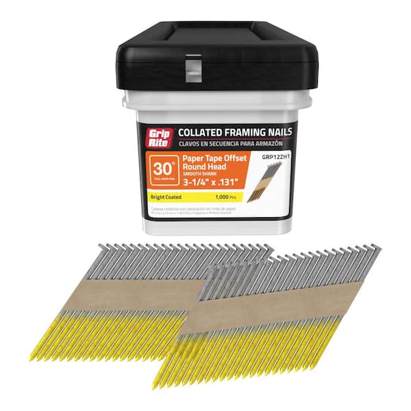 Grip-Rite 3-1/4 in. x .131 in. 30° Paper Collated Bright Coated Smooth Shank Offset Round Head Nails 1000 per Box