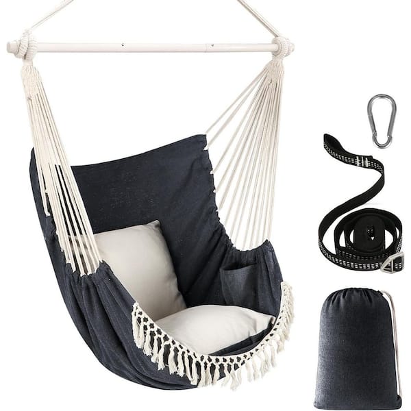 Hammock Chair Hanging Swing 2 Cushions Included Steel Spreader Bar with Anti-Slip Grooves, Dark Grey