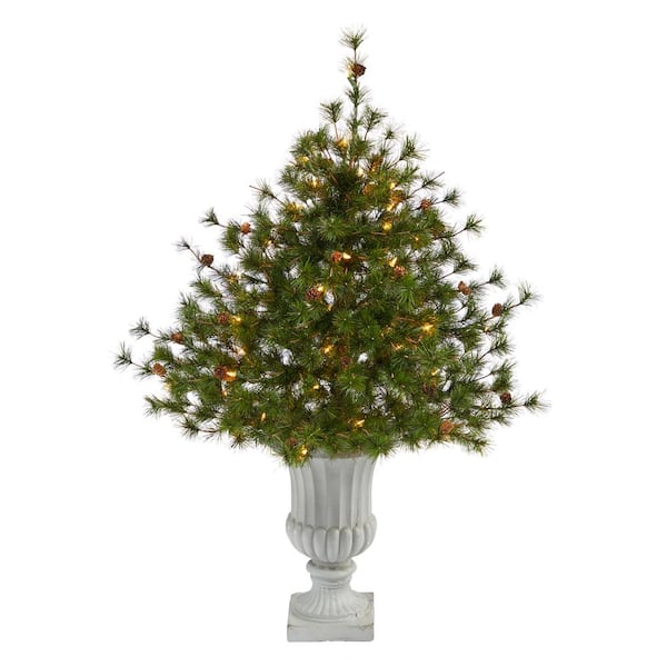 Nearly Natural 3.5 ft. Green Pre-Lit Mountain Pine Artificial Christmas Tree 50 Clear Lights, 171 Bendable Branches Pine Cones Urn