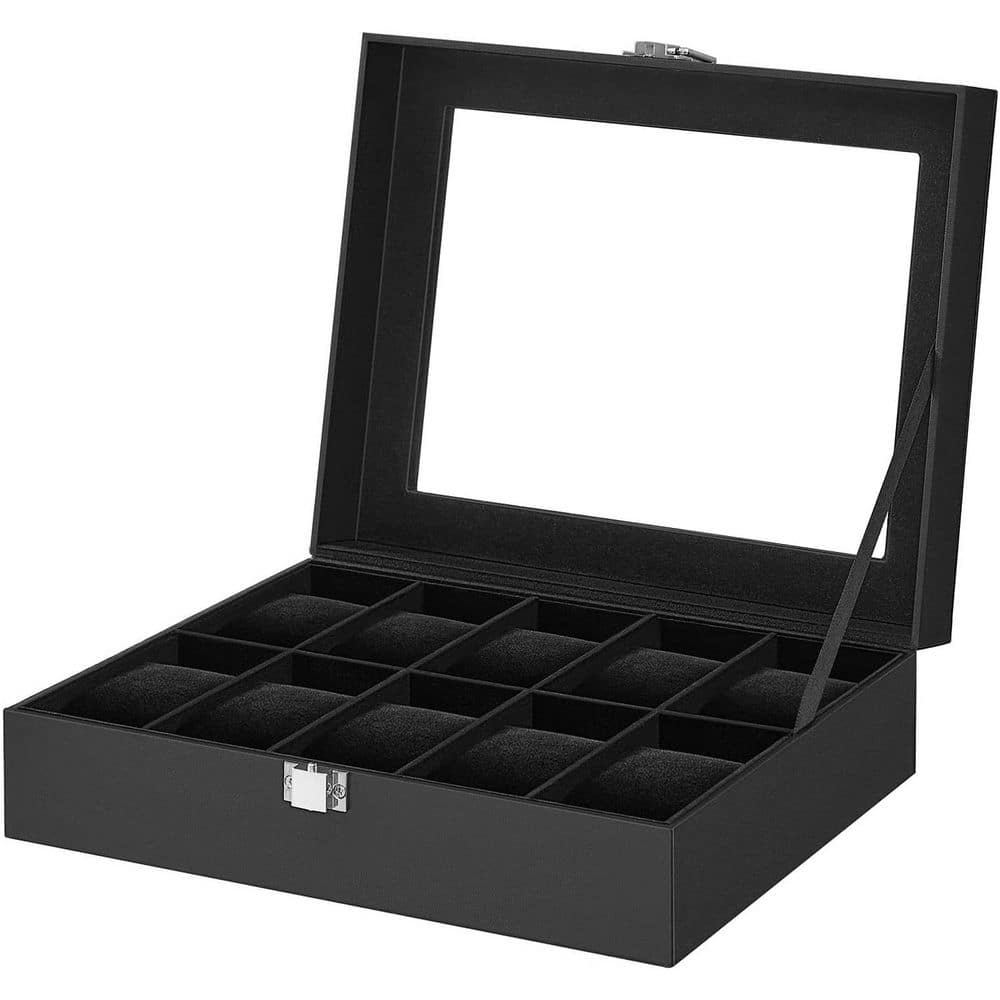 Black Rectangle PU Leather 10-Slot Watch Box with Large Glass Lid