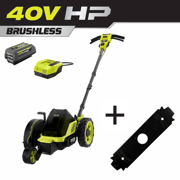 RYOBI 40V HP Brushless 9 in. Edger w/ Extra Edger Blade, 4.0 Ah Battery and Charger