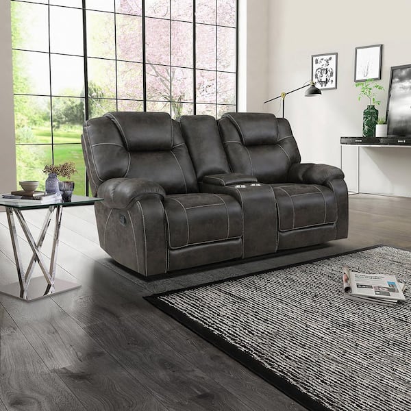 Emily 75 in. W Chocolate Microfiber 2-Seater Manual Double Reclining Loveseat with Center Console