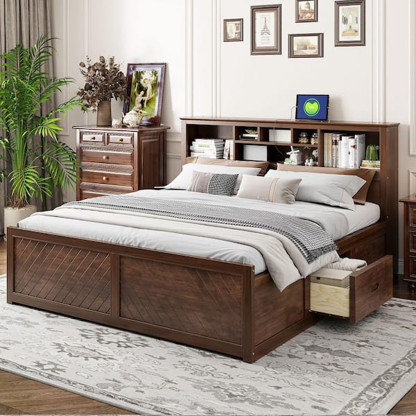 Dark Walnut/Brown Frame King Size Platform Bed with Multi-Storage Headboard, USB and Drawers