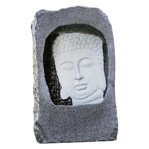 23 in H Free Standing Buddha Face Waterfall Fountain with LED and Auto Shut Off Pump, Relaxing Zen Decor, Grey and White