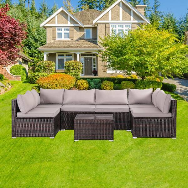 Cesicia Brown 7-Piece Wicker Patio Conversation Set with Grey Cushions