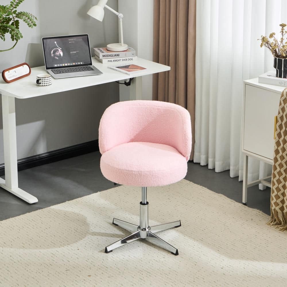 Cute Modern Teddy Fabric Swivel Adjustable Height Ergonomic Drafting Chair in Pink with Armless and No Wheels