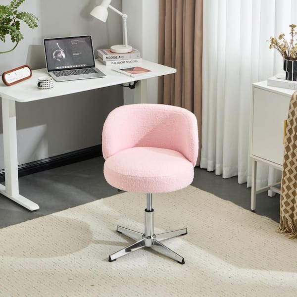 Cute Modern Teddy Fabric Swivel Adjustable Height Ergonomic Drafting Chair in Pink with Armless and No Wheels