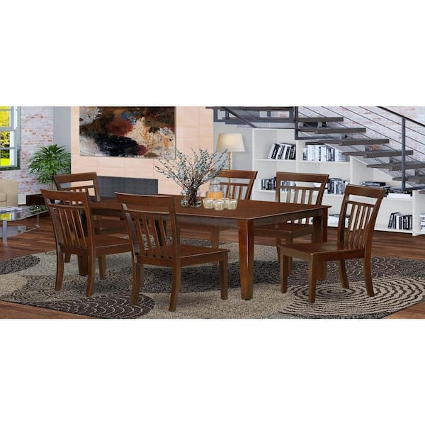 East West Furniture 7-Piece Rectangle Cappuccino Finish Solid Wood Top Dining Table with 6 Chairs with Lattice Back