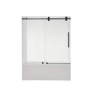 Villena 60 in. W x 58 in. H Single Sliding Frameless Tub Door in Matte Black with Clear Glass