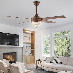 42 in. Indoor Vintage Coppery 4 Wooden Blades Crystal Ceiling Fan Light with Remote Control