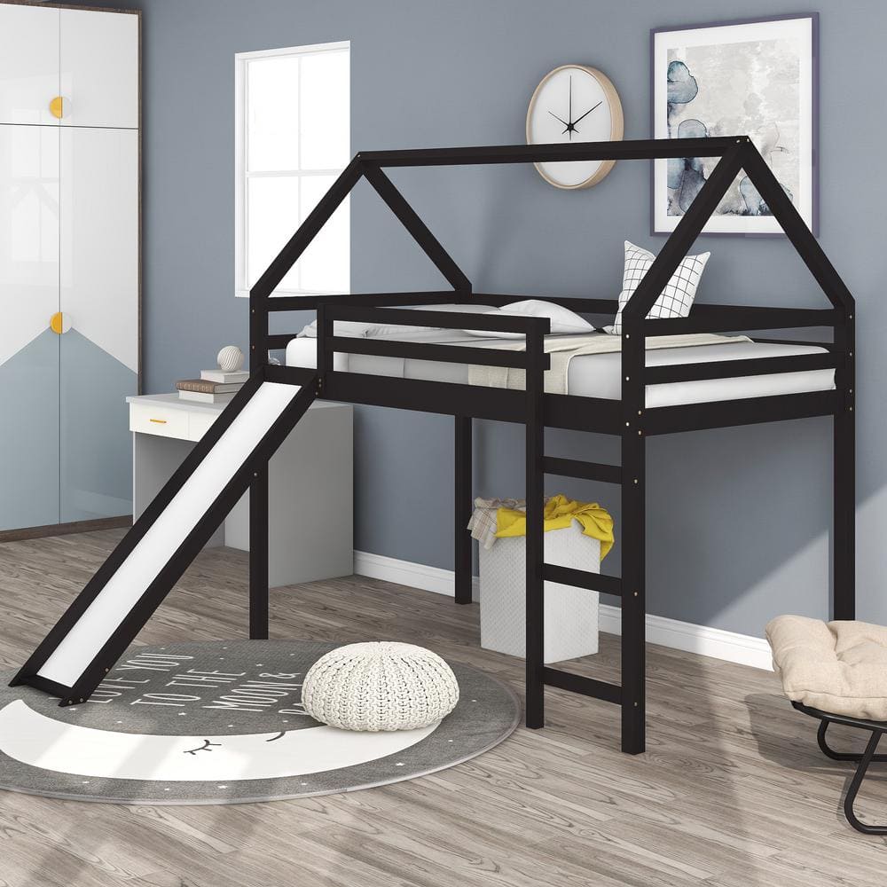 Harper And Bright Designs Espresso Twin Size House Loft Bed With Slide And Built In Ladder 