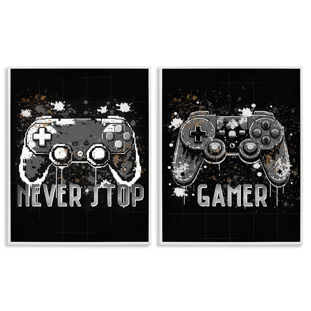 Modern Gamer Controller Phrases by Kim Allen 2 Piece White Framed Typography Giclee Art Print 20 in. x 16 in.