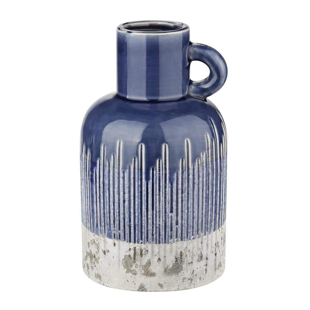 9.2 in. Round Blue Ceramic Vase 2-Tone Boho Flower Vase with Handle Pottery