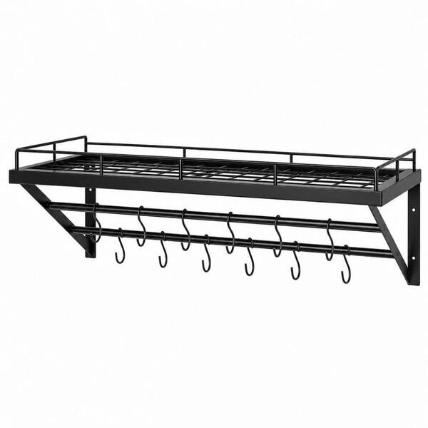 Black 29.7 in. Wall Mounted Metal Pot Rack with 2-Tier Hanging Rails, 12 S-Hooks for Kitchen Cookware Organizer