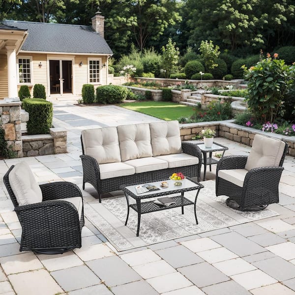Carlos Black 5-Piece Wicker Patio Conversation Sofa Set Outdoor Swivel Chair Set with Beige Thick Cushions