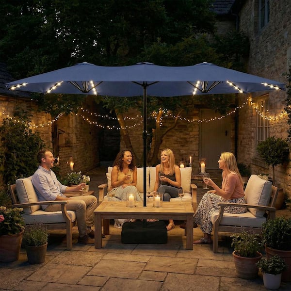 best rated large patio umbrella LAZZO 15 ft. Large Patio Umbrella with LED Lights and Base, Rectangular Triple Shade for Patio Deck Garden in Blue