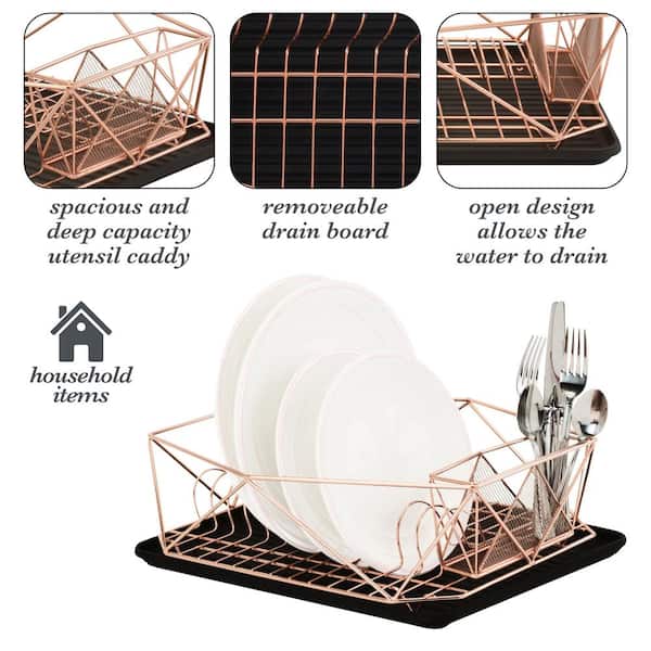 Aluminum Dish Drying Rack with Cutlery Holder, Removable Drainer Tray, Rose  Gold