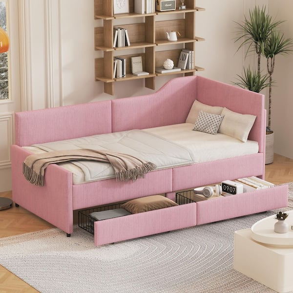 Harper & Bright Designs Pink Twin Size Corduroy Upholstered Daybed with 2-Drawers and L-Shaped Backrest